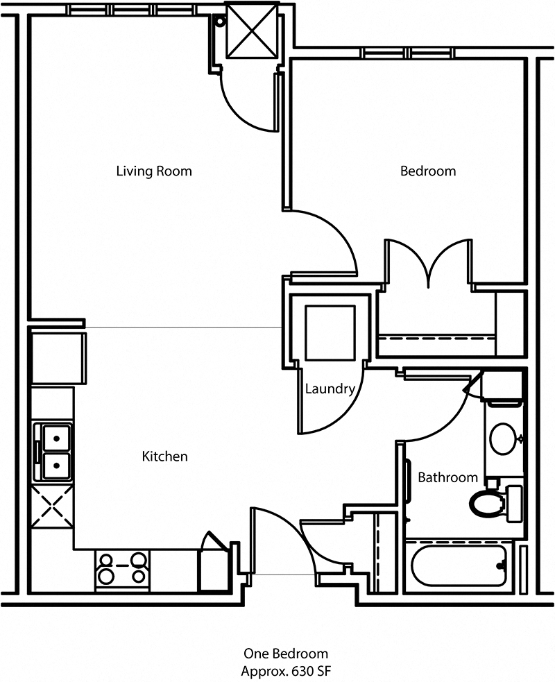Floor plan for 1 bed, 1 bath, 632 sqft